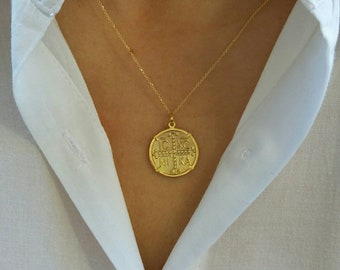 Solid Gold ICXC Constantine Necklace, St. Helen and Constantine Pendnant, Solid Gold Byzantine Cross ICXN, Double Sided Constantinato Charm