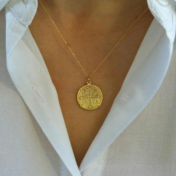 Solid Gold ICXC Constantine Necklace, St. Helen and Constantine Pendnant, Solid Gold Byzantine Cross ICXN, Double Sided Constantinato Charm