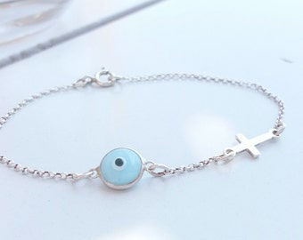 Light Blue Evil Eye Cross Bracelet