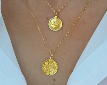Double Coin Necklaces, Evil Eye Necklace, Christian Disc Constantine Necklace, Gold Layered Necklace Set, Gifts for Her, Talisman Necklaces
