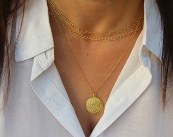 Gold Layered  Necklaces, Greek Phaistos Disc Necklace, Set of 3 Necklaces, Paperclip Chain Necklace, Thick Gold Necklace, Charm Set