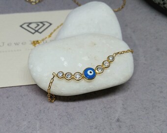 Small Round Blue Evil Eye Necklace / Zircon Beads