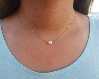 Pearl Necklace, Bridesmaid Gift, Pearl Choker, Single Pearl Necklace, Floating Pearl, Freshwater Pearl, Pearl Pendant, Bead Pearl Necklace