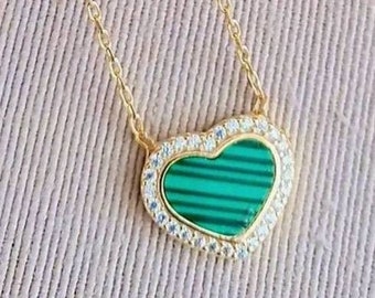 Malachite Heart Necklace, Heart Necklace, CZ Necklace, Green Gem Necklace, Heart Necklace, Love Necklace, Minimalist,Christmas Gift