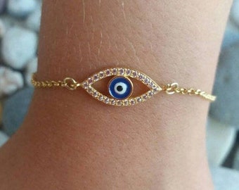 Evil Eye Bracelet, Gold Plated Evil Eye Bracelet, Delicate Bracelet, Blue Bead Cubic Zirconia Bracelet, Crystal Bracelet , Gift for Her