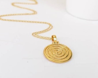 Collana a spirale d'oro, Collana greca antica, Disco celtico, Collana labirinto, Grosso argento, Collana minoica, Gioiello con fascino Phaistos