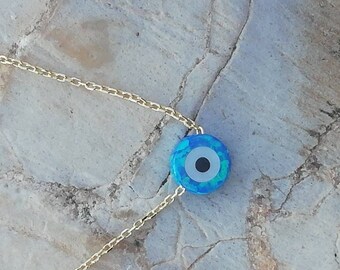 Blue Opal Evil Eye Necklace in 14K Solid Gold, Solid Gold Opal Necklace, Evil Eye Charm on Gold Chain, Handmade, Minimalist, Christmas Gift