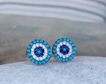 Round Evil Eye Stud Earrings, Studs made of 925 Steerling Silver and Cubic Zirconia Beads, Blue Studs, Diamond Earrings, Push Back Earrings