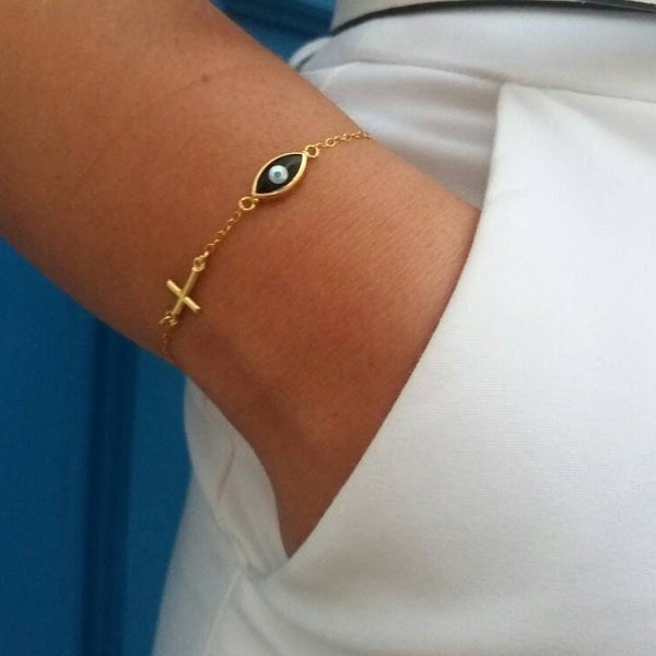 Black Evil Eye & Cross Bracelet, Black Bead Eye Bracelet, Sideways cross, Gold Filled Bracelet, Easter Gift, Minimalist, Charm Bracelet