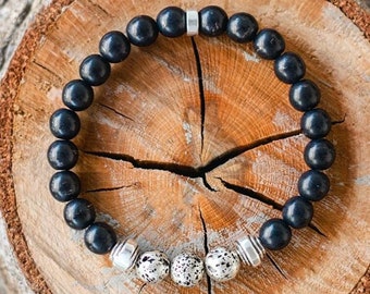 Silver Lava Beads and Black Onyx Gemstones Men's Bracelet