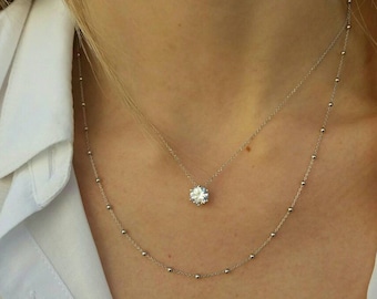 Layered Floating Diamond Necklace, Dew Drops Chain, Cubic Zirconia, Bridal Set, Crown Necklace, Solitaire Diamond, Mother's Day Gift