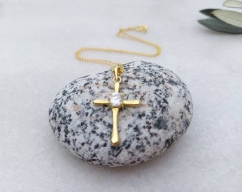 Cross Necklace with Cubic Zirconia, Christian Cross, Zircon Gemstone, Charm Necklace, Religious Necklace, Tiny Cross, Delicate Cross