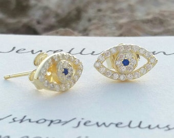 Evil Eye Earrings, Stud Earrings, 14k Gold Filled, Cubic Zirconia, Protection Jewellery, Everyday Earrings, Bridesmaid Gift, Dainty Earrings
