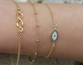 Layered Evil Eye, Infinity&Dew Drop Bracelets Set