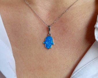 Opal Hamsa Necklace, Hamsa Choker Necklace, Opal Gemstone Necklace, Hand of Fatima, Blue Hamsa Pendant, Silver Fatima Hand, Amulet Necklace