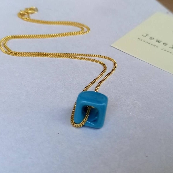 Glossy Turquoise Cube Necklace, Floating Necklace, Geometric Pendant, 3D Cube Necklace, Minimalist, Boho, Charm Necklace, Mother's Day Gift