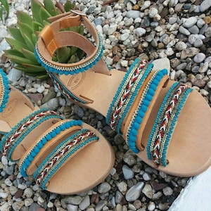Boho Pom Pom Greek Leather Sandals: Turquoise Bohemian Shoes