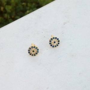 14k Solid Gold Target Earrings, Cubic Zirconia Evil Eye Earrings, Stud Earring, Minimal Earrings, Push Back Earrings, Gift for her, 14k Gold