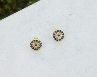 14k Solid Gold Evil Eye Stud Earrings: Cubic Zirconia