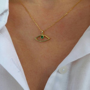 Green Evil Eye Necklace, Green, Red, or Black Cubic Zirconia Necklace, Dainty Necklace, Gift for her, Almond Evil Eye, Zircon Bead Necklace