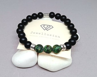 Black Onyx Stones Men's Bracelet with Green African Turquoise Stones