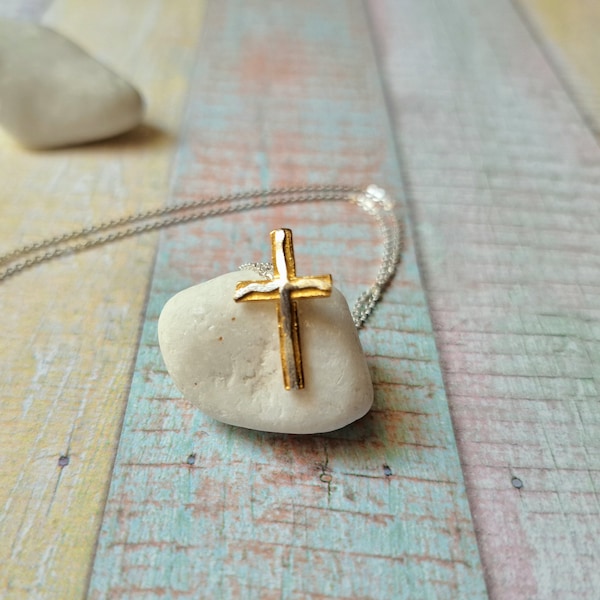 Gold & Silver Cross Necklace: Sterling Silver Christian Pendant