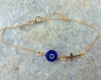 Blue Evil Eye Cross Bracelet/925 Sterling Silver/Bracelet with Cross/Protection Bracelet/Bead Bracelet/Lucky Charm/Dark Blue Bracelet