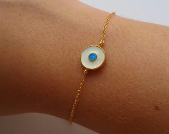 Opal and White Ivory Evil Eye Bracelet, 14k Gold Filled