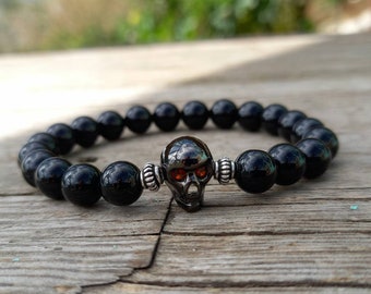 Skull Bracelet Onyx Gemstones and Sterling Silver Beads