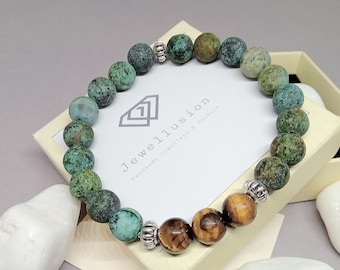 African Turquoise Gemstones Men's Bracelet with Tiger's Eye Gemstones and Stainless Steel Beads