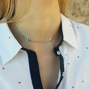 Sideways Cross Necklace, Silver Evil Eye Necklace, Christian Jewelry, Minimalist Sideways Cross Charm, Chrismas Gift, Double Necklace