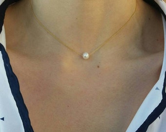 Solid Gold Pearl Necklace, Dainty Freshwater Pearl Necklace, Floating Pearl Necklace, Wedding Gift, Charm Necklace, Elegant Necklace