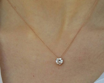 Floating Diamond Necklace, Rose Gold Filled Diamond, Minimalist, CZ Diamond, Diamond Bezel, Prong Necklace, Crown Necklace, Charm Necklace