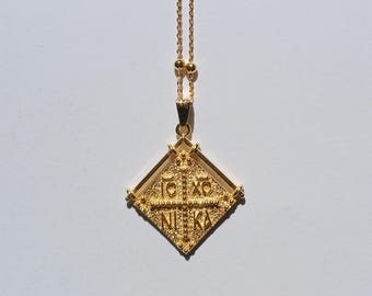 Greek Byzantine Necklace, Christian Necklace, Constantinato with Zircon, ICXN Pendant, Ancient Greek, Christian Coin