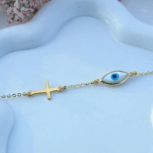 Pulsera de oro macizo con ojo malvado y cruz de oro macizo, pulsera de oro macizo K14, pulsera de bautismo, brazalete de ojo malvado, pulsera con dijes, regalo elegante