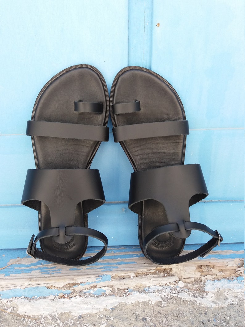 Handmade in Greece Black Sandals Strappy Sandals T-Strap Leather Sandals Free Express Shipping Greek Leather Sandals Genuine Leather