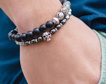 Silver Lava Beads and Black Onyx Gemstones Men's Bracelet