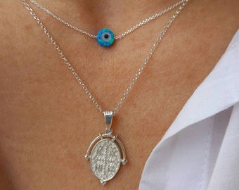 Layered Constantine Coin Necklace with Tiny Opal Evil Eye Pendant