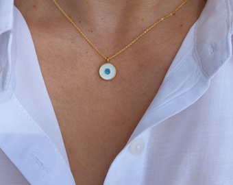 Tiny Opal and Ivory Evil Eye 14k Gold Plated Necklace