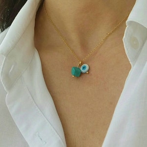 Turquoise Cube Evil Eye Necklace, Layered Necklace, 14k Gold Fill Necklace, Protection Charm, Cube and Evil Eye Necklace, Minimalist Eye