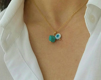 Turquoise Cube Evil Eye Necklace, Layered Necklace, 14k Gold Fill Necklace, Protection Charm, Cube and Evil Eye Necklace, Minimalist Eye