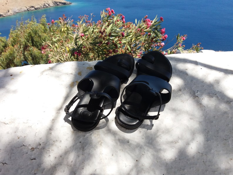 Handmade in Greece Black Sandals Strappy Sandals T-Strap Leather Sandals Free Express Shipping Greek Leather Sandals Genuine Leather