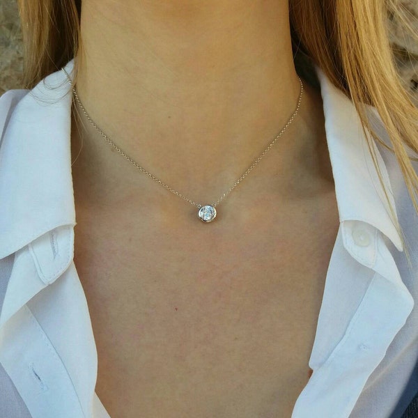 Solitaire Diamond Necklace, Bridesmaid gift, Cubic Zirconia Choker, Diamond Bezel, Single Diamond, Single Stone Necklace