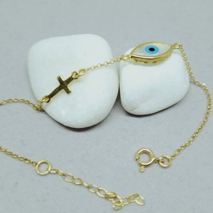 14k Gold Plated Evil Eye & Cross Bracelet: Ivory Gemstone Charm