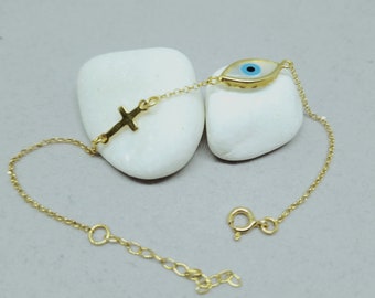 Dainty Evil Eye & Cross Bracelet