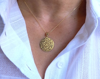 Solid Gold Phaistos Disc, Ancient Greek Coin Pendant, Cretan Jewelry, Floating Necklace, Phaistos Disc Double Sided