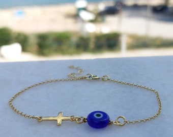 Blue Evil Eye Cross Bracelet 925 Sterling Silver or 14k Gold Filled