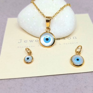 14k Solid Gold Round Evil Eye Necklace, Tiny Round Solid Gold Evil Eye, Gold Dainty Necklace, Ivory Bead Necklace, Minimalist Charm, Ivory