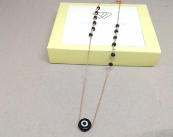 Black Round Evil Eye Necklace and Onyx Rosary Necklace