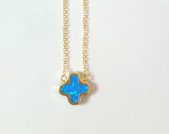 Solid Gold Opal Four Leaf Clover Necklace